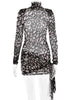 Turtleneck Sexy Sheer Print Leopard Bandage Women Dress Long Sleeve Mini Dress Lady Spring Slim Elegant Party Club Dress