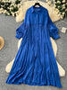 Spring Vintage Loose Dresses Women Lantern Sleeve Turn-down Collar Solid Single Breasted Casual Folds Long Dress