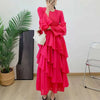 Spring Ruffles Pleated Dress Women Round Neck Flare Sleeves Loose Chic Long Length Female Party Clothes 2DA3391
