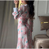 Printed Women Dress V Neck Long Sleeve Dress High Waist Chiffon Dress Single Breasted Tie Design Stylish Elegant Outfit