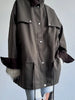 Retro Drew-string Jackets Women's Loose Full Sleeves Buttons Zipper Pockets Lapel Coats Ladies Autumn Solid Outwear