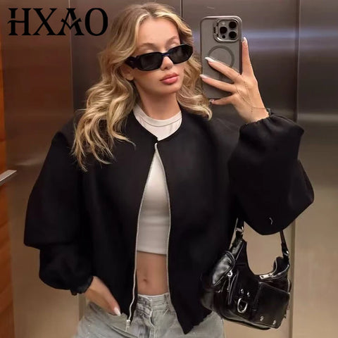 Women's Jackets Cropped Loose Outerwears Red Grey Off White Black Jacket Zip Up Long Sleeve Top Casual Varsity Bomber Coat