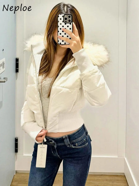 Fur Collar Hoody Slim Waist Bread Parkas Elegant Warm Women Clothing Lovely Zip Patchwork Casual Coats