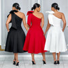 Women Big Bow Shoulder Skew Collar Big Swing Knee Length Dress Belt Street Vestidos Sexy Party Evening Chic Dresse