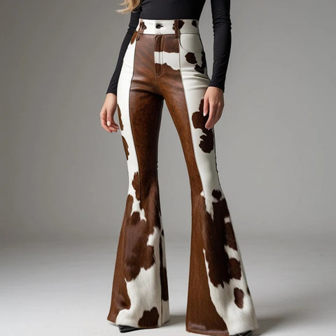 Western Cow Pattern Leather PU High Rise Bell Bottom Flare Pants Vintage Casual High Street Women's Trouser