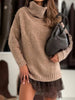 Autumn Winter Turtleneck Patchwork Mini Dress, Holiday Long Sleeve Chic Sweater Dress, Solid Loose Ladies Dress