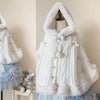Japanese Kawaii Lolita Style Plush Hooded Poncho Coat Women Sweet Warm Knitted Bow Short Jackets Vintage Elegant Cloak Outerwear