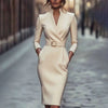 Party Bodycon Midi Dress Women Autumn Long Sleeve V-neck Slim Sashes Lace Up Dresses Elegant Robes