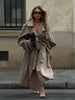 Khaki Lace Up Cape Trench Coat Loose Solid Full Sleeve Lapel Windbreaker Autumn Commute Casual Daily Coats