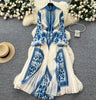 American European Style Women's Casual Elegant Pleated Dress Long Sleeve Printed Ankle Length Dress