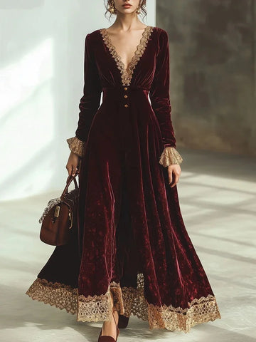 Women's Velvet Dress Retro Sexy V-neck Lace Trim Patchwork Flare Sleeve Autumn Elegant Vintage Chic Ethnic Pleated A-Line Dress