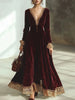 Women's Velvet Dress Retro Sexy V-neck Lace Trim Patchwork Flare Sleeve Autumn Elegant Vintage Chic Ethnic Pleated A-Line Dress
