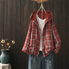 Womens Autumn Cotton Yarn Plaid Hooded Shacket Japanese Style Hooded Long Sleeve Shirt Jacket Outwear Cardigan