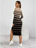 Women's Casual Maxi Dress Striped Color-Block Square Neck Long Sleeve Waist Cinched Skirt with Slit Comfortable Long Skirt