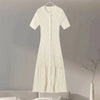 Elegant Knit Dress For Women White Slim O-neck Single Breasted Short Sleeve Long Dresses Female Spring Lady Robe T88X