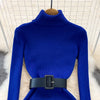 Elegant Turtleneck Long Sleeve Knit Soft Tight Pencil Dress with Belt Slim Warm Sweater Vestido Sexy Women Winter Robe