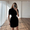 Elegant Solid Shawl Mini Dress Women Chic Half High Collar Waist Cinching A-line Short Dresses Lady Party Evening Gown