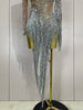 Women Sparkly Rhinestone Pearl Sequins Tassel Sexy Transparent Dress Evening Birthday Party Nightclub Dance Singer Stage Outfit