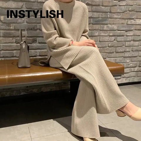 Women Elegant Sweater Suit Elegant Knitted Two Pieces Set Autumn Winter Oversized Pullover and Trousers Suit Female Outfits