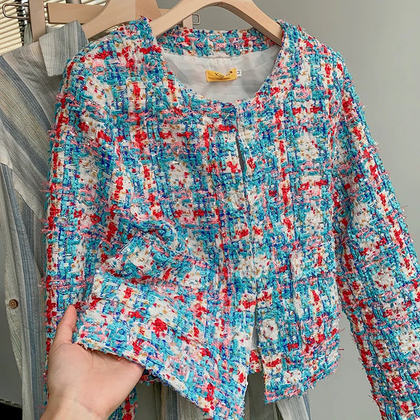 Women's Woven Coarse Patterned Plaid Long Sleeved Short Jacket Tweed Coats Elegant Outwear
