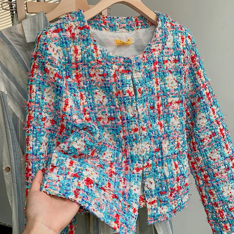 Women's Woven Coarse Patterned Plaid Long Sleeved Short Jacket Tweed Coats Elegant Outwear