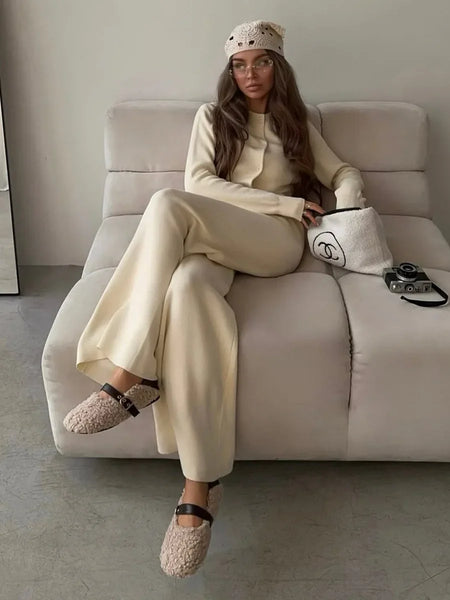 Women's Autumn Winter Knit Cardigan Pants Set Slim Fit Long Sleeve Long Trousers Simple Solid Color Sweater Suit