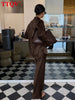 Loose Brown Satin Women's Two Pieces Set Elegant Long Sleeve Shirt With High Waist Wide Pants Set FemalaCla