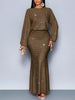 Shiny Women's Dress Spring Autumn O-neck Long Sleeve Slim Hips Banquet Long Dress Female Pleated Party Fishtail Dresses