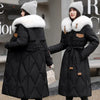 White Fur Collar Down Cotton Parkas Padded Coat Women Winter Long Over The Knee Waist Warm Thick Parkas Coat