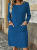 Fall Women Plus Size Midi Dress, Solid Round Neck Long Sleeve Casual Dress with Pockets, Loose Daily Wear Dress for Ladies