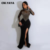 Women Long Sleeve Diamonds Rhinestones High Side Split Mermaid Midi Maxi Dress Even Sexy Party Dresses Vestidos