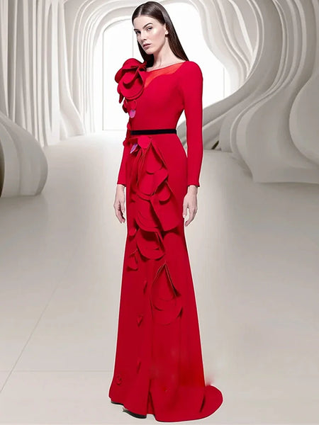 High Street Designer Vestido Women's Long Sleeve Petal Appliques Formal Gown Long Maxi Dress