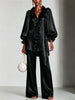 Women 2 Piece Outfit Satin Ruffle V‑Neck Lantern Sleeve Blouse High Waist Wide-leg Pant Set Elegant Party Evening Two‑Piece Suit
