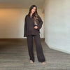 Brown V-Neck Knit Shirt Pants Set Women Solid Long Sleeve Top Empire Straight Loose Trousers Lady Spring Suit
