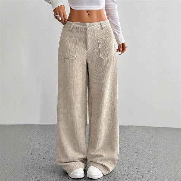 Women Autumn Winter Corduroy Pant Retro Wide Leg Trousers Lady Casual High Waist Solid Pants Street Chic Clothes