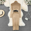 Elegant Turtleneck Long Sleeve Knit Soft Tight Pencil Dress with Belt Slim Warm Sweater Vestido Sexy Women Winter Robe