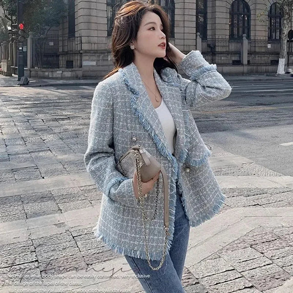 Elegant Plaid Women Blazer French Small Fragrance Raw Edges Tassel Suit Jacket Button Loose Casual Aesthetic Female Coat