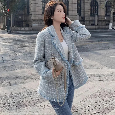 Elegant Plaid Women Blazer French Small Fragrance Raw Edges Tassel Suit Jacket Button Loose Casual Aesthetic Female Coat