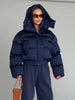 Women's Cropped Puffy Jacket Detachable Hood Drawstring Waist Drop Shoulder Long Sleeve Loose Padded Winter Down Jackets