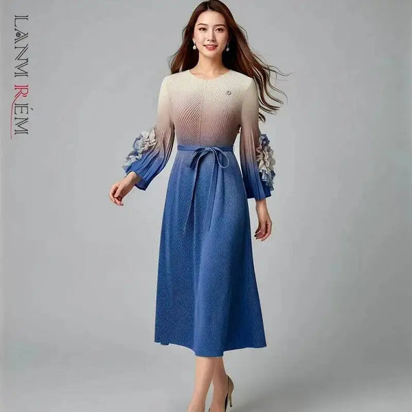Elegant Gradient Color Pleated Women's Dress Lace Up Design Round Collar Flower Sleeve Famale Clothing 2DB8074