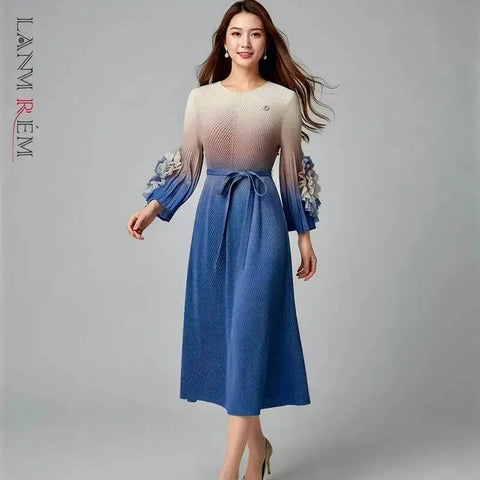 Elegant Gradient Color Pleated Women's Dress Lace Up Design Round Collar Flower Sleeve Famale Clothing 2DB8074