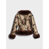 Women Vintage Floral Jacquard Short Jacket Faux‑fur Trim V‑neck Long Sleeve Coat Autumn Winter Lady Daily Outfits