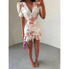 Women Sexy Flora Painted Ruffle Slim Dress Chic Deep V-neck Double Layered Ruffled Hem Dresses Lady Daily Party Gowns