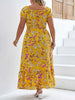 Women Plus Size Floral Maxi Dress Elastic High Waist Loose Square Neck Puff Sleeve Split Dress Casual All-Season Streetwear