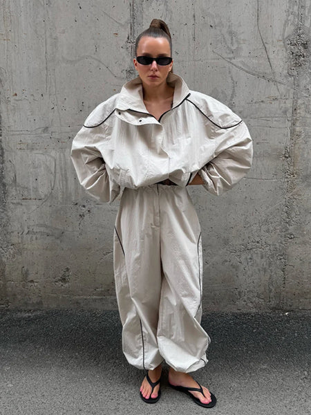 Women Solid Zip Up Two Piece Set High Neck Loose Jacket Wide Leg Track Pants Spring Autumn Casaual Hip Hop Outfit