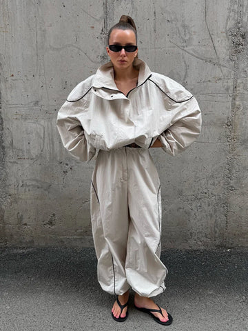 Women Solid Zip Up Two Piece Set High Neck Loose Jacket Wide Leg Track Pants Spring Autumn Casaual Hip Hop Outfit