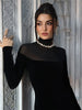 Full Sleeve Turtleneck Mesh Patchwork Long Dress Woman Elegant Velvet Slim High Waist Evening Prom Party Elegant Bodycon