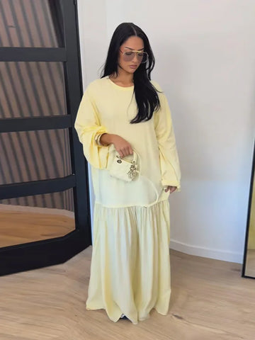 Solid Color Loose Fit Flare Sleeve Tiered Dress Crew Neck Ruffle Hem Pleated Long Maxi Dresses Spring Chic Casual Outwear