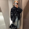 Women's Autumn Standing Collar Leather Jackets Windproof Loose Fold Coats Vintage Style High Street Outdoors Clothes