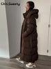 Warm Women's Puffy Quilted Hooded Long Cotton Coat Loose Solid Stand Collar Lace Up Zipper Overcoats Winter Lady Outwear